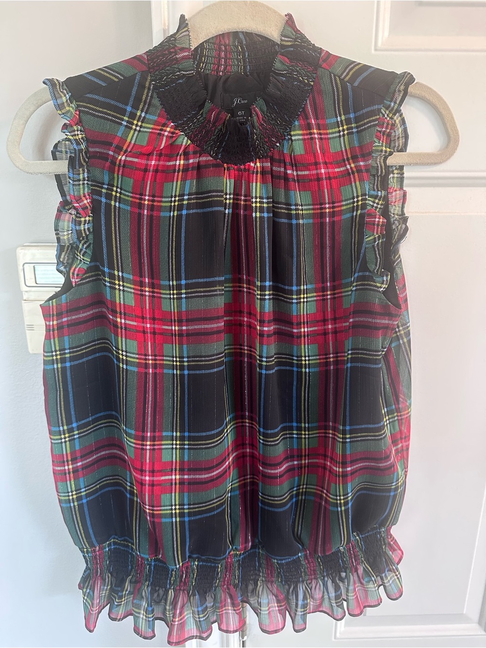 J. Crew Red and Black Plaid Sleeveless Ruffle Blouse